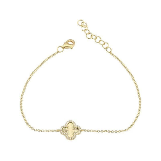 14K Fluted Clover With Diamond Outline Bracelet