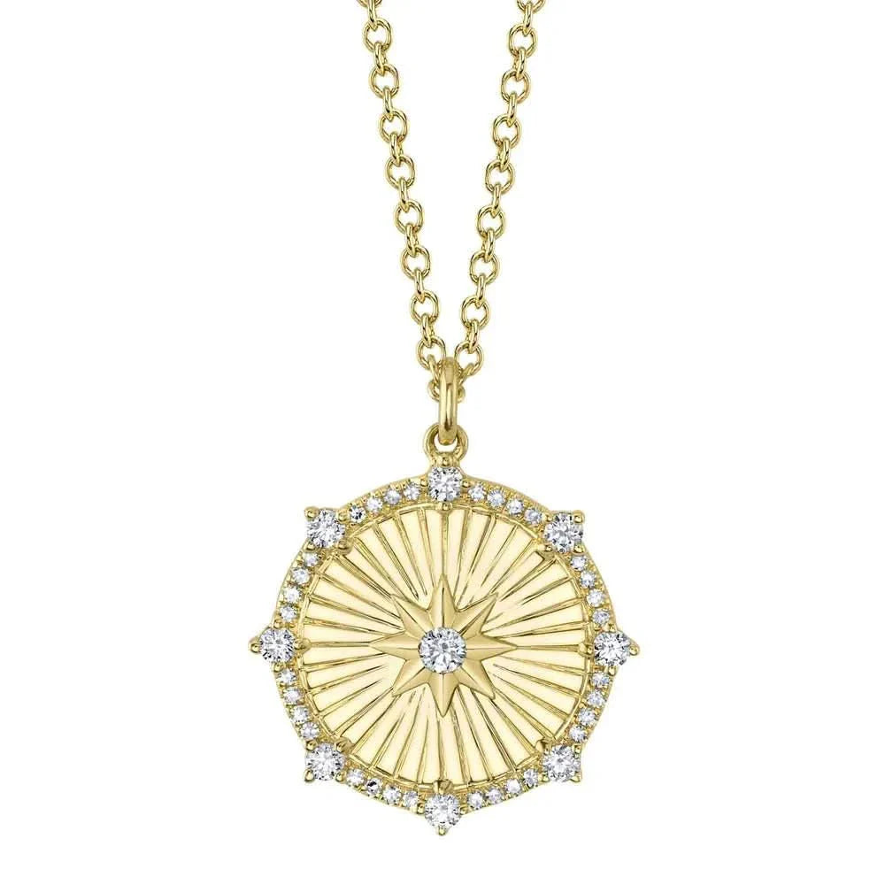 14K Fluted Diamond Medallion With Center Star Necklace