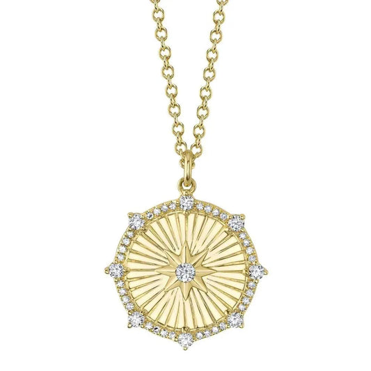 14K Fluted Diamond Medallion With Center Star Necklace