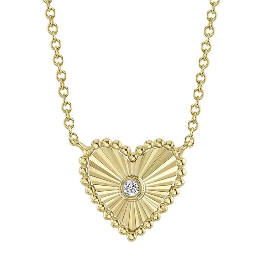14K Fluted Heart With Beaded Outline & Center Diamond Necklace - Susan Blake Jewelry