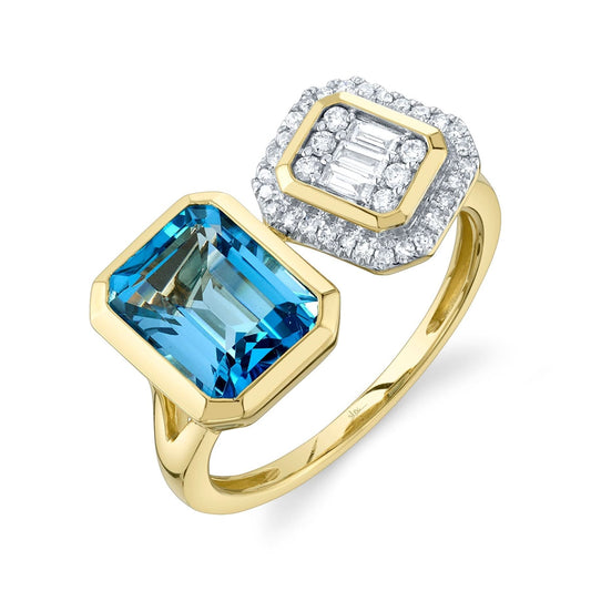 14K Gold Diamond & Blue Topaz Baguette Ring