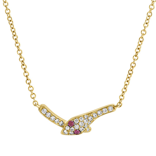 14k Gold Diamond and Ruby Kissing Snake Necklace