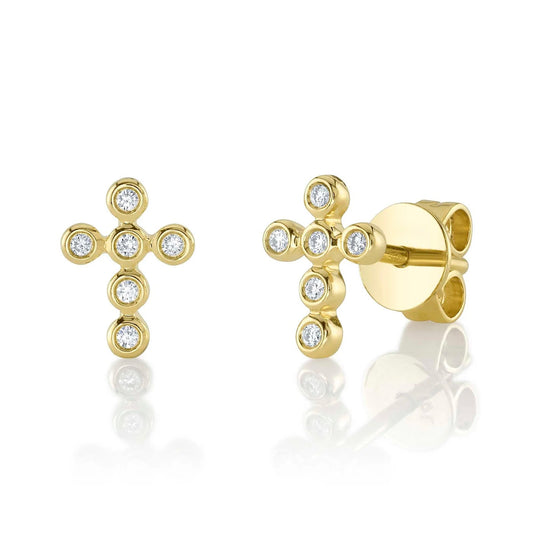14k Gold Diamond Bezel Cross Stud Earrings