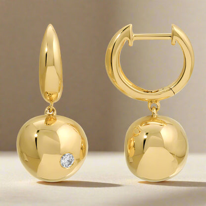 14K Gold Diamond Puffed Orb Drop Earrings, alternate view 2