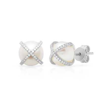 14K Gold Diamond X and Pearl Stud Earrings, alternate view 2
