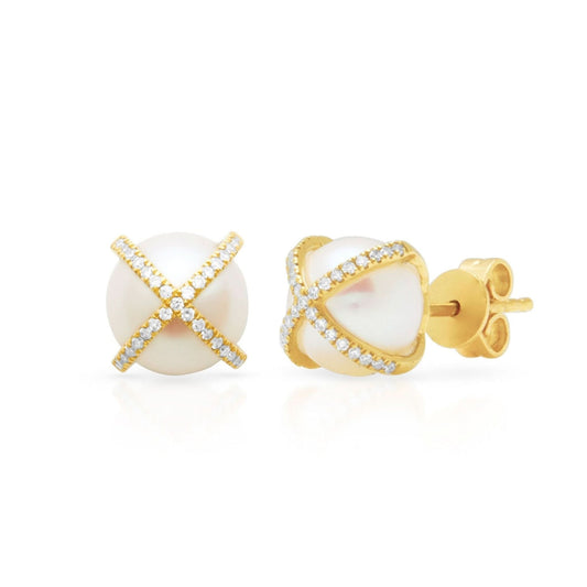 14K Gold Diamond X and Pearl Stud Earrings