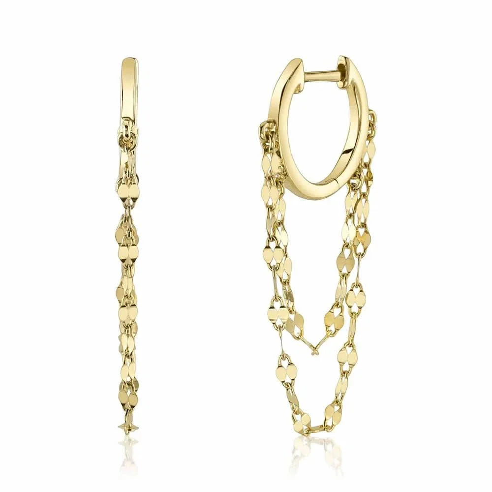 14K Gold Huggie With Two Valentino Double Chain Drop Earrings