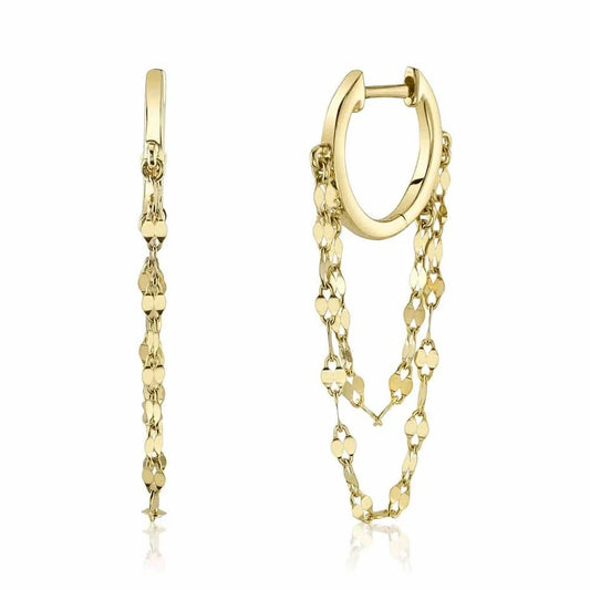 14K Gold Huggie With Two Valentino Double Chain Drop Earrings