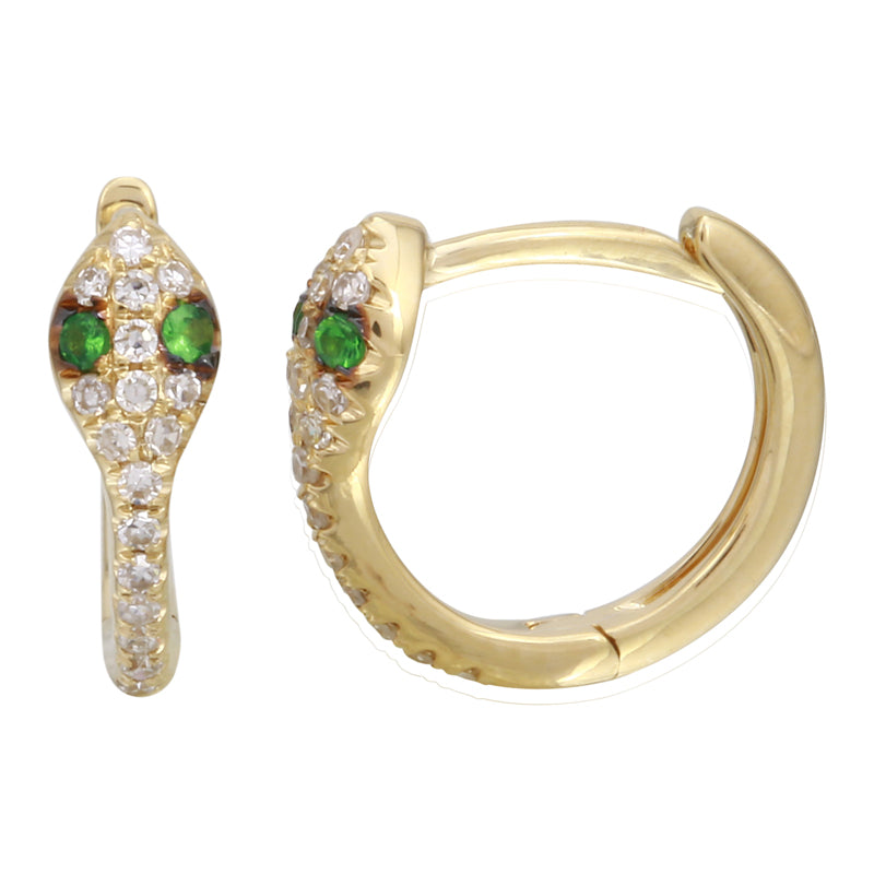 14k Gold Snake Diamond Huggie Earrings and Green Tsavorite Eye
