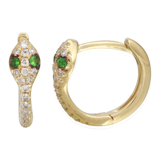 14k Gold Snake Diamond Huggie Earrings and Green Tsavorite Eye