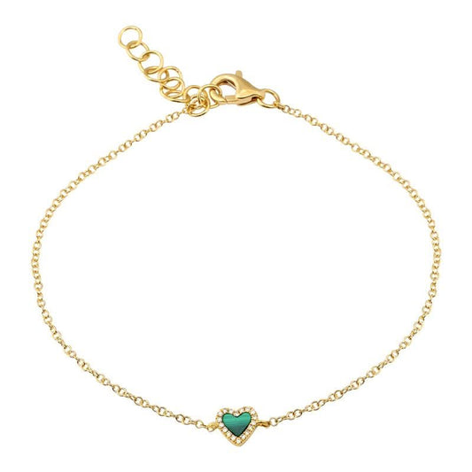 14K Malachite Heart With Diamond Outline Bracelet