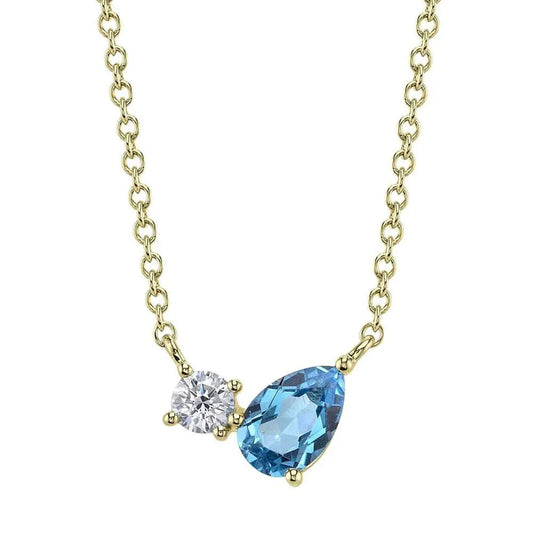 14K Round Diamond & Swiss Blue Topaz Pear Necklace - Susan Blake Jewelry