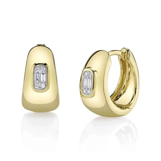 14K Tapered Thick Huggies With Diamond Baguette Center Earrings