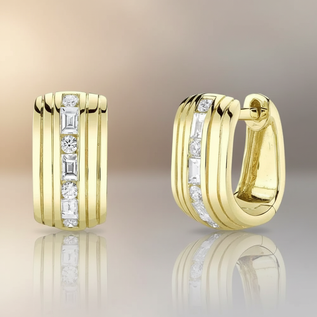 14K Thick Fluted Huggies With Alternating Center Row of Round & Emerald Shape Diamonds, alternate view 2
