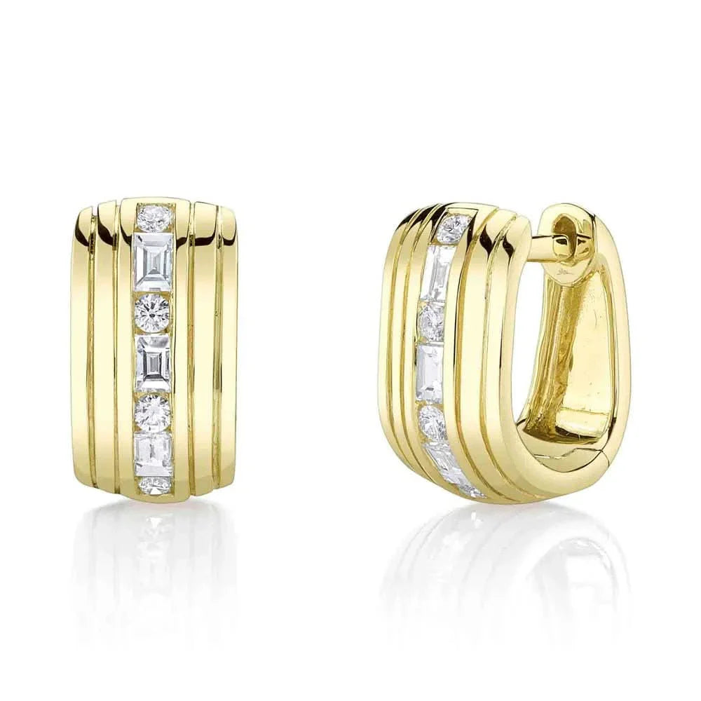 14K Thick Fluted Huggies With Alternating Center Row of Round & Emerald Shape Diamonds