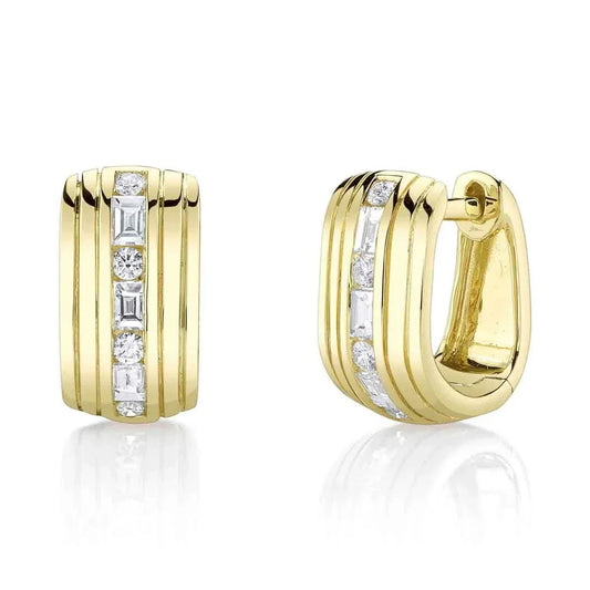 14K Thick Fluted Huggies With Alternating Center Row of Round & Emerald Shape Diamonds