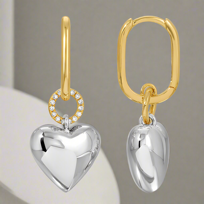 14K Two-Tone Gold Heart Drop Diamond Huggie Earrings, alternate view 2