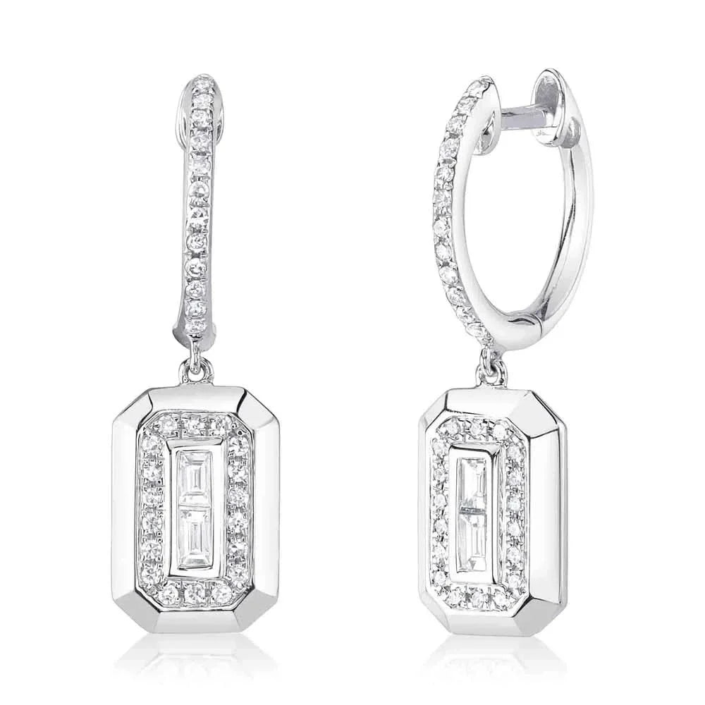 14k w baguette drop huggie earring