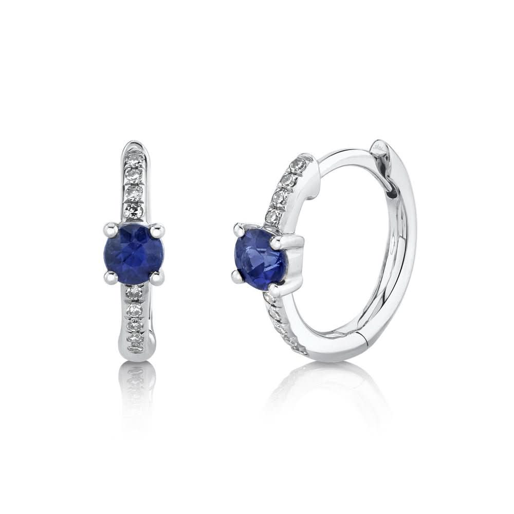 14K White Gold Diamond and Blue Sapphire Huggie Earrings - Susan Blake Jewelry