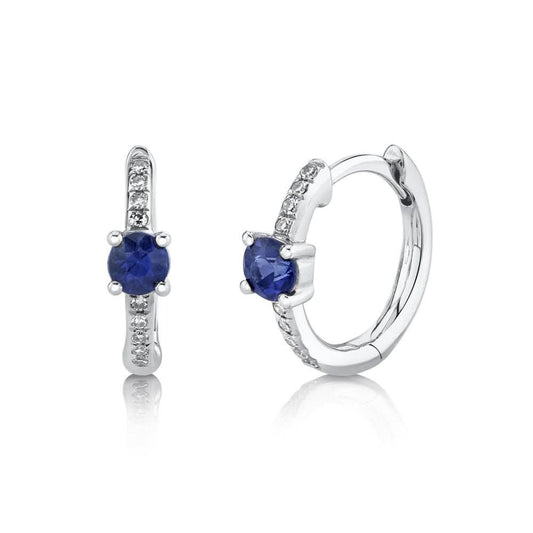 14K White Gold Diamond and Blue Sapphire Huggie Earrings - Susan Blake Jewelry