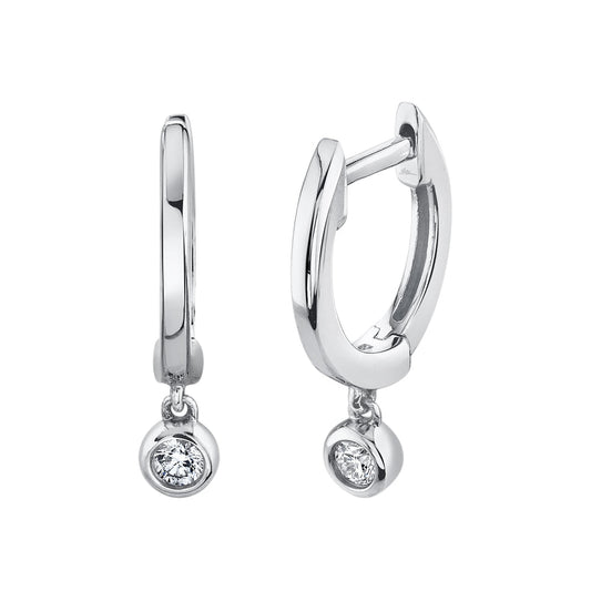 14K White Gold Diamond Bezel Drop Huggie Earrings