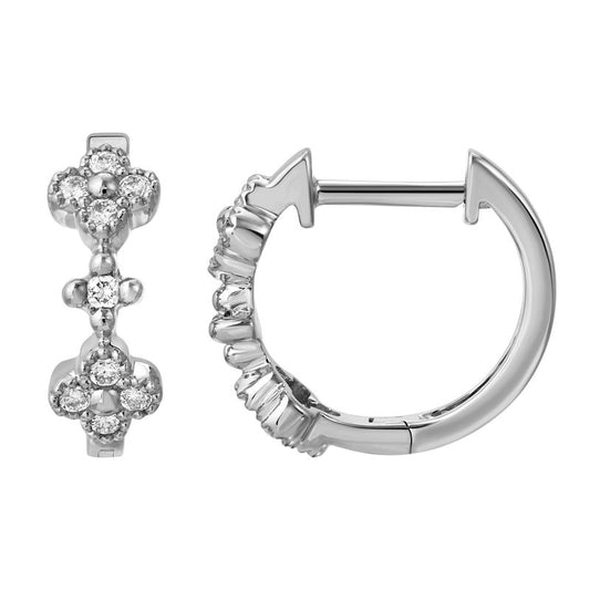 14k White Gold Diamond Clover Huggie Earrings – 12mm