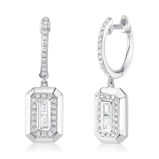 14K White Gold Diamond Huggies With Diamond Baguette Drop Earrings
