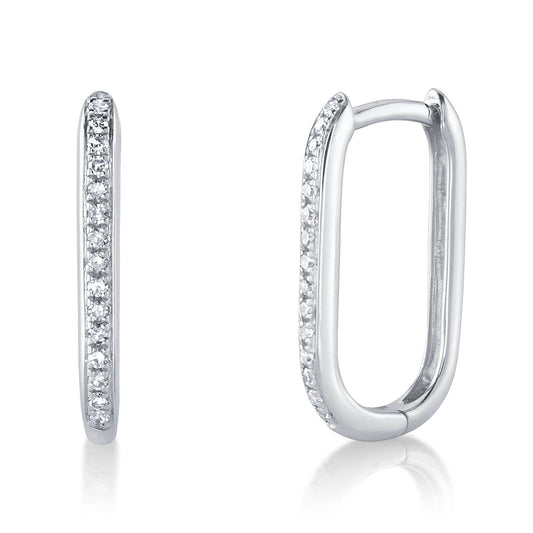 14K White Gold Diamond Oval Hoop Earrings