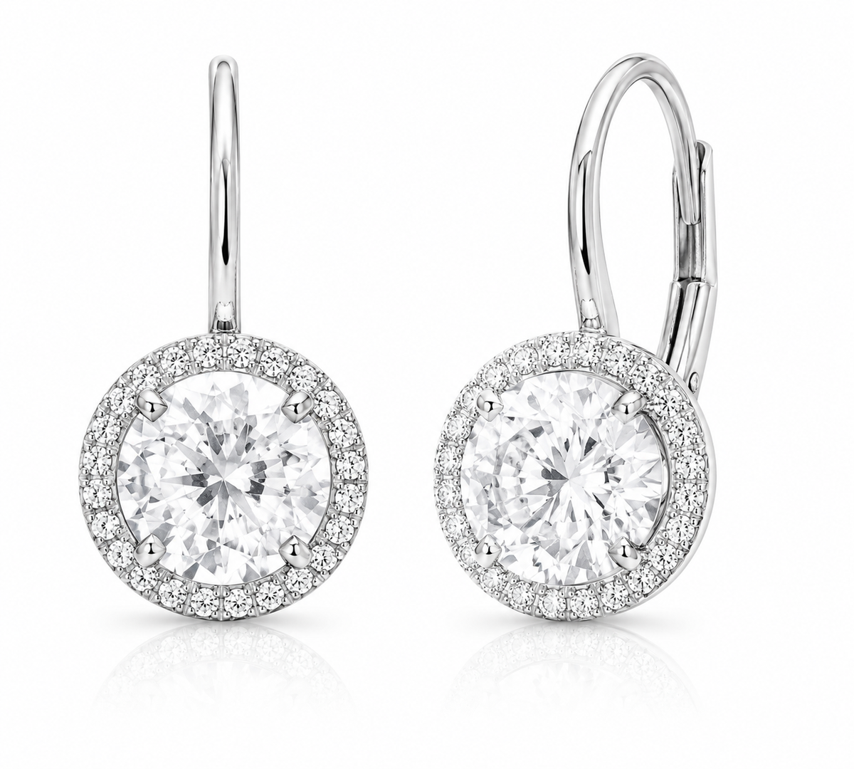 14K White Gold Round White Topaz & Diamond Leverback Earrings