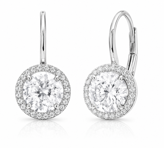 14K White Gold Round White Topaz & Diamond Leverback Earrings