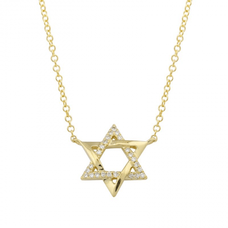 14K Yellow 1 and 2 Diamond & 1 and 2 Plain Gold Star of David Diamond Necklace