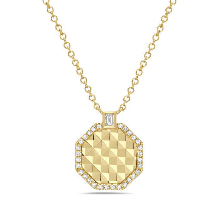 14k Yellow Gold Baguette & Diamond Quilted Medallion Necklace