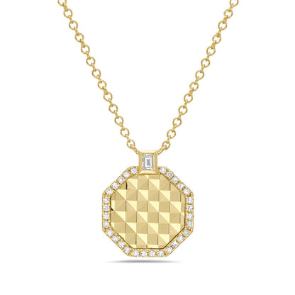 14k Yellow Gold Baguette & Diamond Quilted Medallion Necklace
