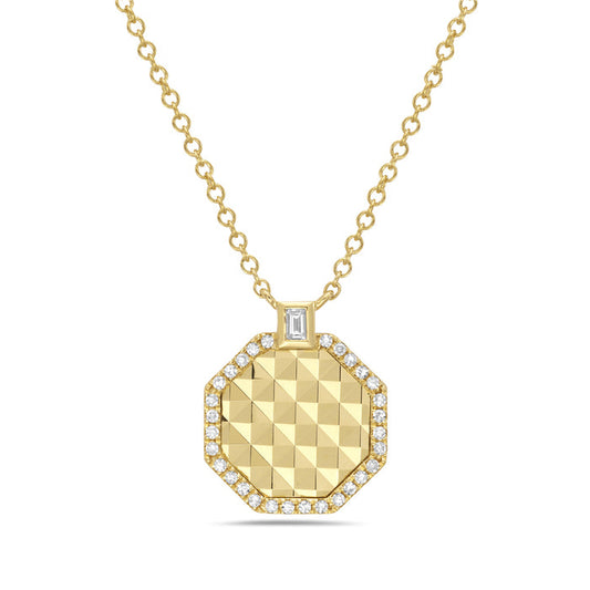 14k Yellow Gold Baguette & Diamond Quilted Medallion Necklace