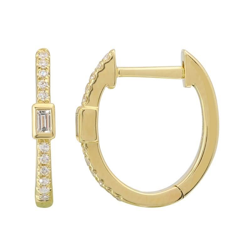 14K Yellow Gold Baguette & Round Diamond Pave Huggie Earrings 13mm
