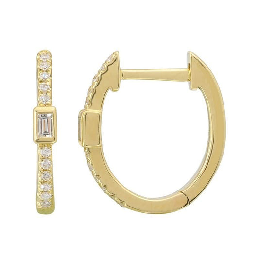 14K Yellow Gold Baguette & Round Diamond Pave Huggie Earrings 13mm
