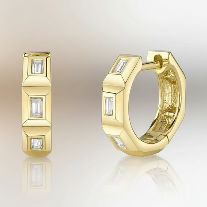 14K Yellow Gold Baguette Diamond Octagon Huggie Earrings