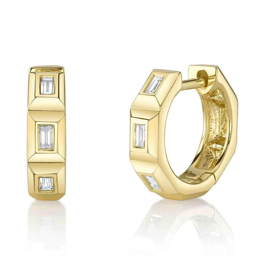 14K Yellow Gold Baguette Diamond Octagon Huggie Earrings