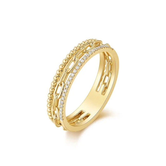 14K Yellow Gold Beaded, Link & Diamond 3-Band Ring