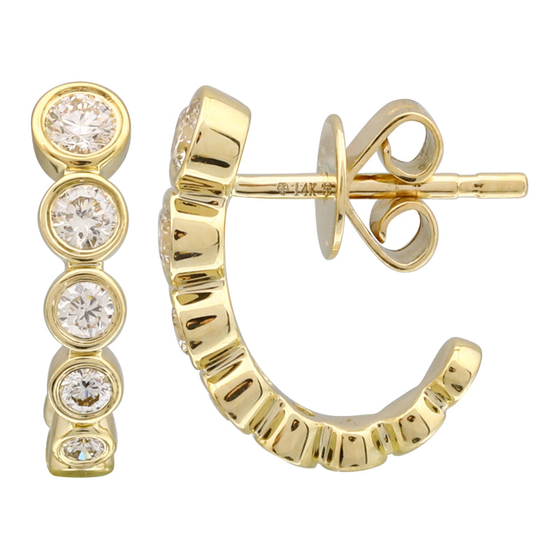 14k Yellow Gold Bezel Set Diamond J Hoop Stud Earrings