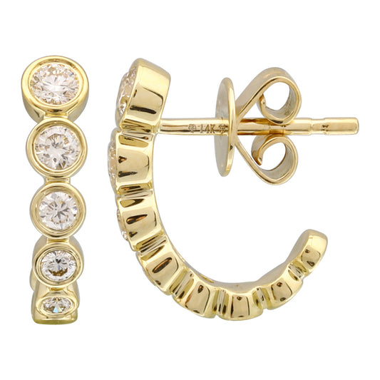 14k Yellow Gold Bezel Set Diamond J Hoop Stud Earrings