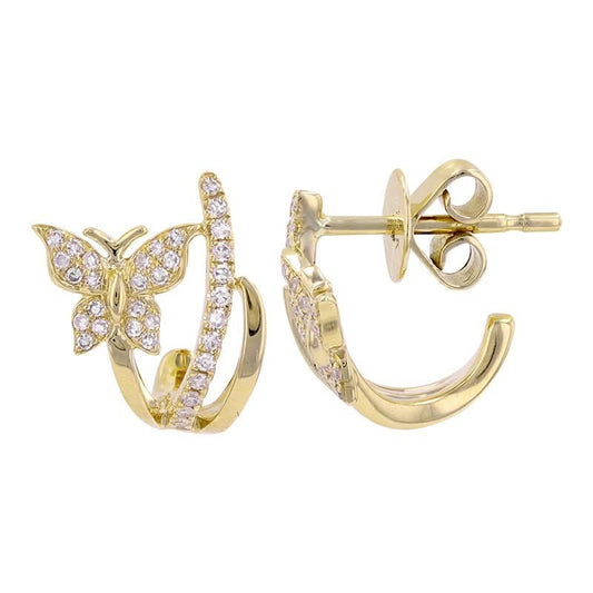 14k Yellow Gold Butterfly Diamond Lobe Stud Earrings