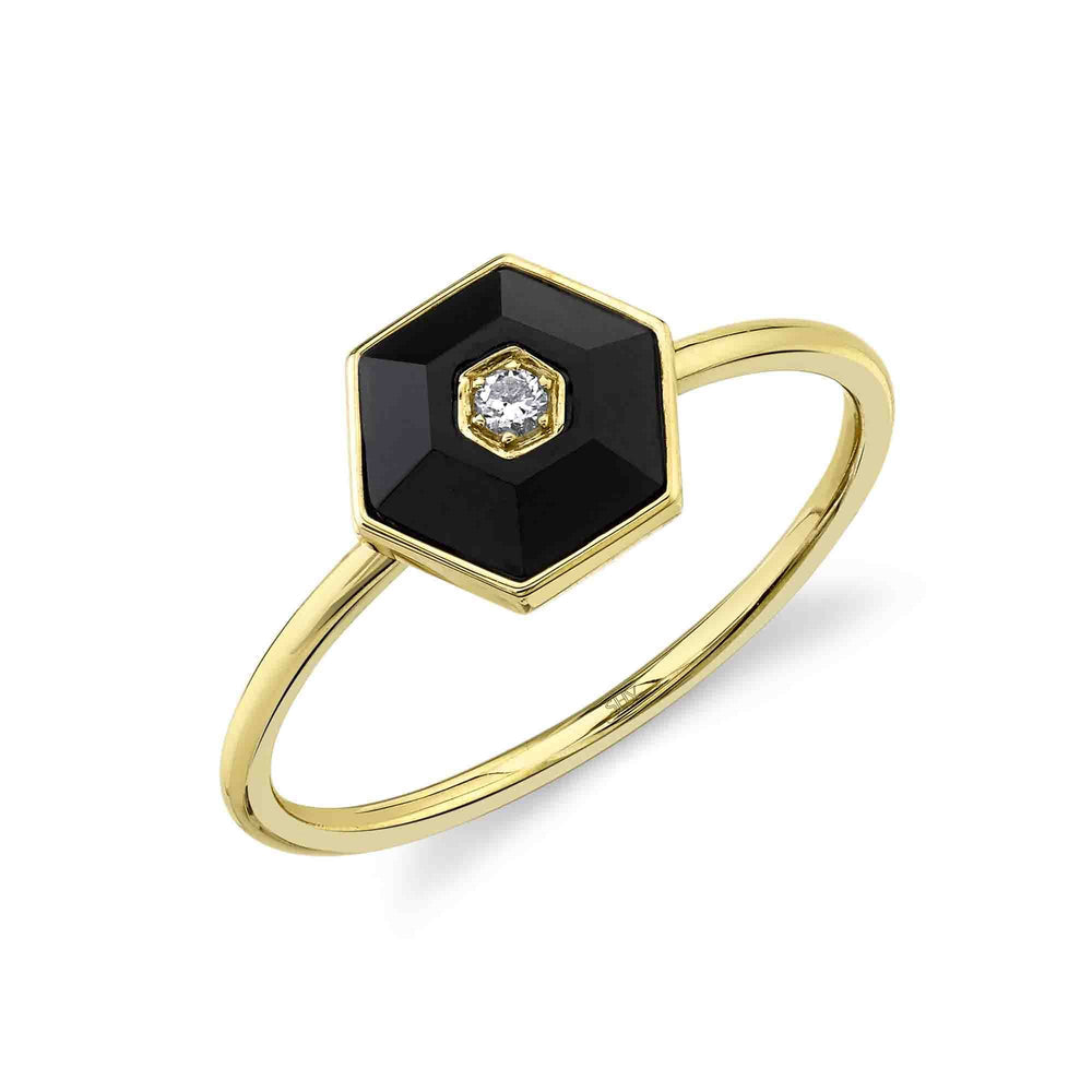 14K Yellow Gold Diamond & Black Onyx Hexagon Ring