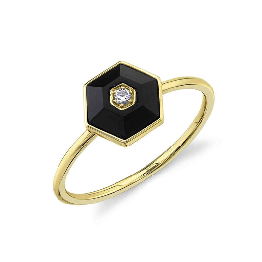 14K Yellow Gold Diamond & Black Onyx Hexagon Ring