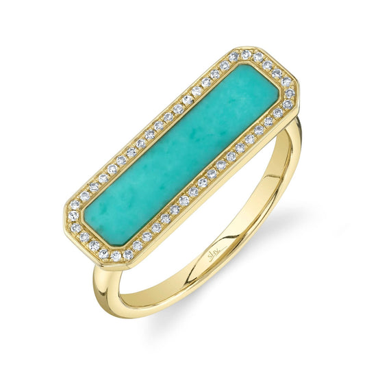 14K Yellow Gold Diamond & Composite Turquoise Bar Ring