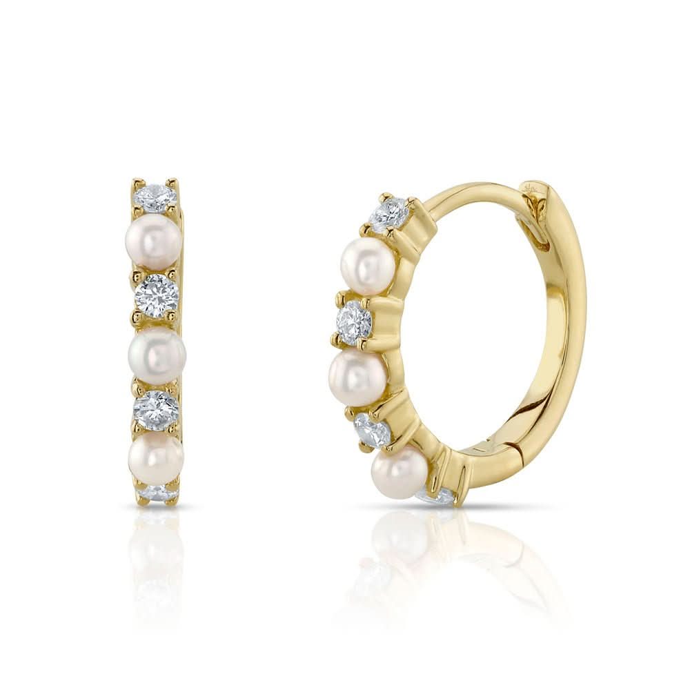 14K Yellow Gold Diamond and Cultured Pearl Huggie Earrings - Susan Blake Jewelry