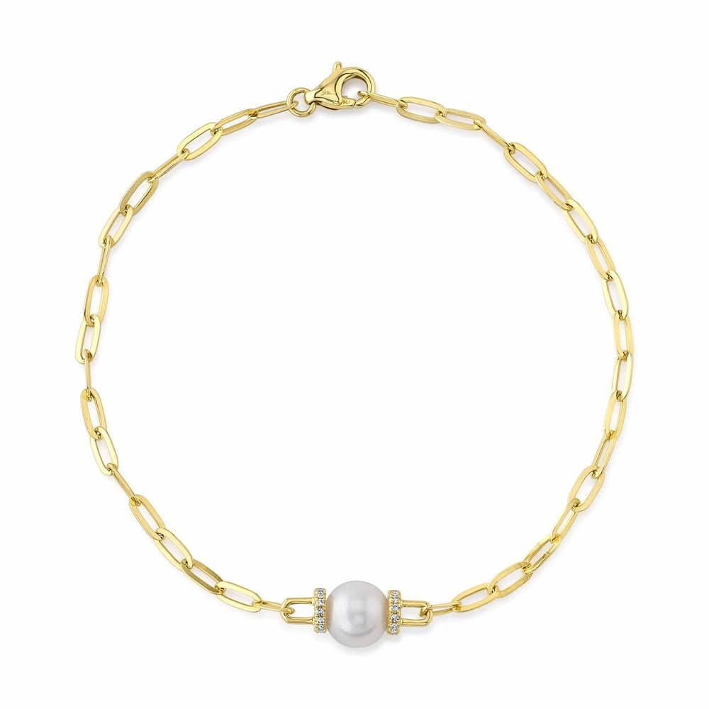 14K Yellow Gold Diamond and Cultured Pearl Paper Clip Link Bracelet - Susan Blake Jewelry