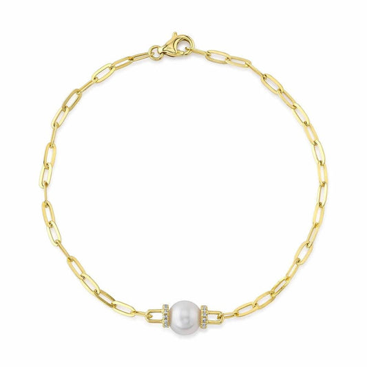 14K Yellow Gold Diamond and Cultured Pearl Paper Clip Link Bracelet - Susan Blake Jewelry