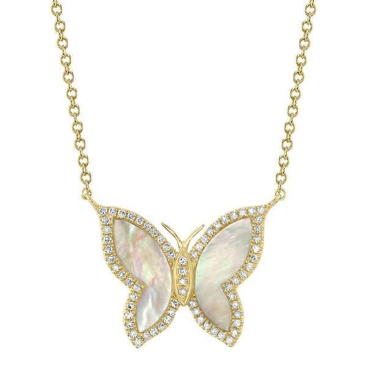 14K Yellow Gold Diamond & Mother of Pearl Butterfly Necklace