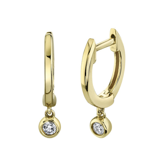 14K Yellow Gold Diamond Bezel Drop Huggie Earrings